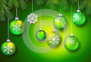 Abstract Christmas background, hanging snowflakes, glass balls