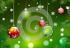Abstract Christmas background, hanging snowflakes, glass balls