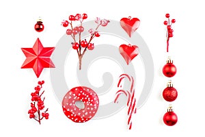 Abstract Christmas background with rows of red  Xmas and New Year decoration isolated on white
