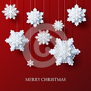 Abstract Christmas background with volumetric paper snowflakes.