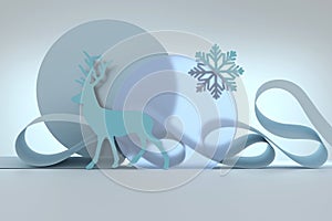 Abstract Christmas composition with rainderr siluette, glass podium pedestal, ribbon and snowflake in blue colors