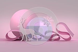 Abstract Christmas composition with rainderr siluette, glass podium pedestal, ribbon and snowflake in pink colors