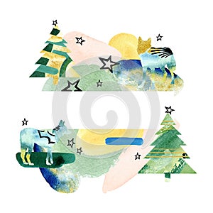 Abstract christmas fir tree wodland animal watercolor frame illustration. Hand drawn winter new year border forest landscape