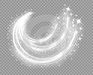 Abstract Christmas glowing lines with a train up. Falling dust particles. Magic glow comet. The lighting effect of the stars. photo