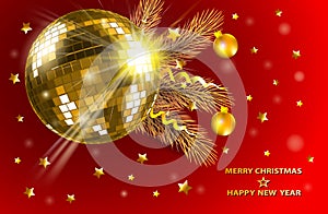 Abstract Christmas golden  background with disco balls, fir tree and star on red. Vector illustration