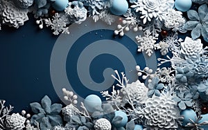 Abstract Christmas holiday frame. Cold Blue winter background with snowflakes and snow. Celebrate greeting card