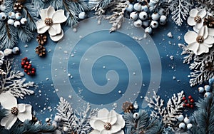 Abstract Christmas holiday frame. Cold Blue winter background with snowflakes and snow. Celebrate greeting card