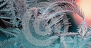 Abstract Christmas horizontal stories. Ice crystals on frozen window glass pane. Frost drawing. Winter season patterns. Dark