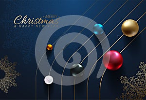 Abstract Christmas luxury greeting card. Shiny various metallic color spheres on golden thin line trail path on blue background.