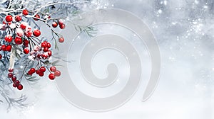 Abstract Christmas snowy background with frosty bright red holly berries, light blue winter background
