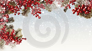 Abstract Christmas snowy background with frosty bright red holly berries, light blue winter background, copy space