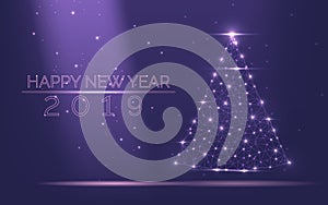 Abstract Christmas tree frame of bright light from particles on a popular purple background as symbol of Happy New Year, Merry Chr