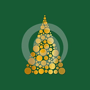 Abstract Christmas tree isolated on green background. Symbol of New Year, Christmas holiday made of golden circles