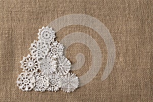 Abstract Christmas Tree, Lace Embroid Snowflake On Burlap
