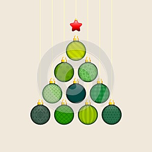 Abstract Christmas Tree Made Of Green Baubles With Pattern Gold Red Star Beige Background