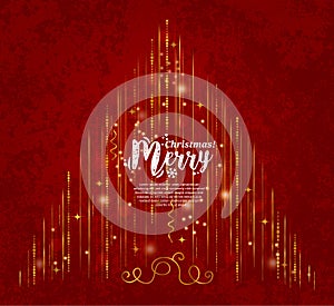 Abstract Christmas tree made from lights and gold line on red background. Vector.