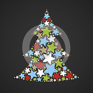 Abstract christmas tree made of multicolored stars on dark background