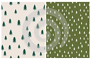 Abstract Christmas Tree Seamless Vector Patterns. Green Xmas Backdrop.