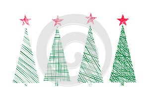 Abstract christmas tree, set of vector christmas tree, green fir tree design element, fabric textured evergreen tree