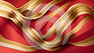 Abstract Christmas wallpaper with moving glossy red and gold lines. Background Xmas texture with wavy movements for graphic design