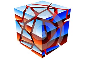 Abstract chrome cube with 80s styled reflection. Exploded 80s chrome cube, with particles in synthwave style