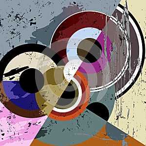 Abstract circle background, composition with paint strokes and splashes