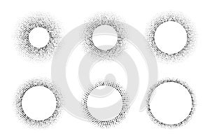 Abstract Circle Frame Halftone Dots Logo. Round Border Icon Gradient Halftone Random Circle Dots Pattern Texture. Vector Set.