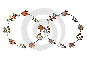 Abstract circle frames of autumn leaves and twigs berry Copy space Autumn greeting cards template