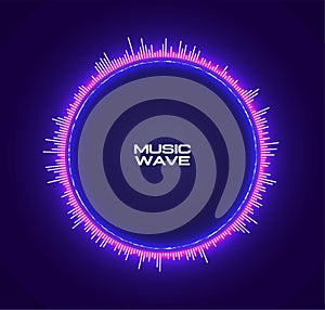 Abstract circle futuristic purple neon glowing equalizer sound wave. Vector template for electronic music poster or flyer or album