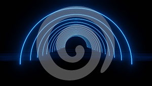 abstract circle neon tunnel with reflection . blue neon laser circles with reflection . 3d illustration rendering
