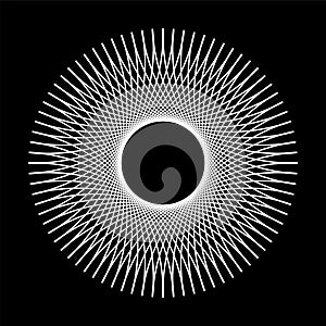 Abstract Circle Radial Pattern. White Round Design Element on Black Background
