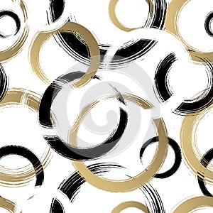 Abstract circle seamless pattern. Repeating gold grunge backdrop. Random circles. Repeat golden background. Geometric texture. Rep