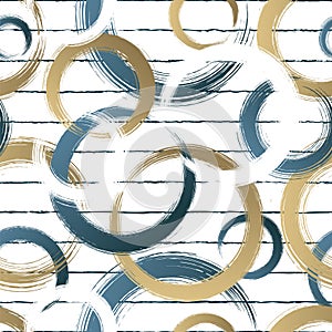 Abstract circle seamless pattern. Repeating gold grunge backdrop. Random circles. Repeat golden background. Geometric texture. Rep