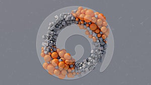 Abstract circle shape. Gray cubes and orange balls. Gray textured background. 3d render