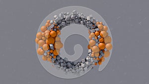 Abstract circle shape. Gray cubes and orange balls. Gray textured background. Animation, 3d render.