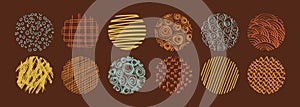 Abstract circle shapes drawn with a brush with loop, drops, spots, curves, lines and waves in trendy retro style. Hand