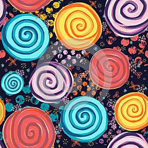 Abstract circle spiral shapes on black background seamless pattern. Red, yellow, purple, blue dots