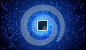 Abstract circuit background. Glowing chip, board lines, digital connection points. Vector computer tech concept. AI data