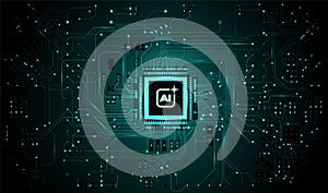 Abstract circuit bg. Glowing AI chip, board lines. Digital vector computer tech, CPU data. Microchip design, electronic processor