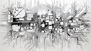 Abstract circuit board concept with black track lines on white background.