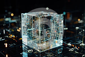 Abstract Circuit Board Cube, Glowing Electronic Components on Dark Backdrop, Technology Concept