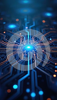 Abstract circuit board with glowing lines nodes. Digital network technology, computer connection, datum. Artificial intelligence,