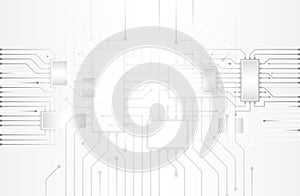 The abstract circuit board is on a grey background. Hi-tech digital technology and engineering concept. Wide technology