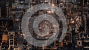 Abstract Circuit Board: High-Tech Cityscape, Data Flow And Future Tech, Microchip Architecture