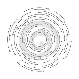 Abstract circuit board. Vector technology background. Round shape consisting of dots and lines