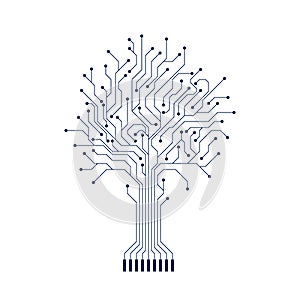 Abstract Circuit Tree Silhouette. Computer engineering hardware system. Technology design element. Vector