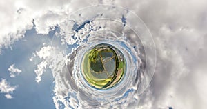 abstract circular curvature of surface of earth and twisting of sky over on farm field of solar panels