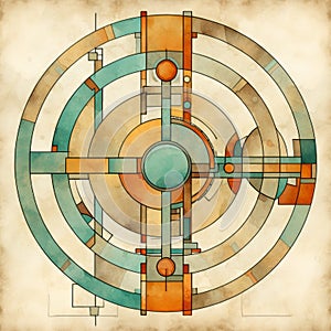 Abstract Circular Design In Watercolor: Futurist Mechanical Precision