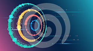 Abstract circular interface with glowing rings and binary code on a gradient background. A futuristic concept for big data