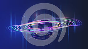 Abstract circular interface with glowing rings and binary code on a gradient background. A futuristic concept for big data